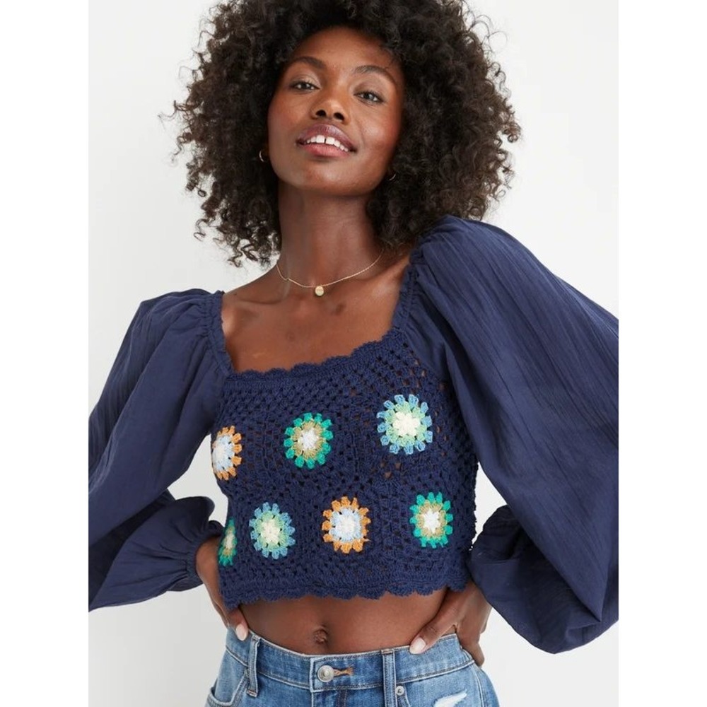 Aerie Women's Crochet Floral Deets Vacay Puffed Long Sleeve Cropped Top Sz Small